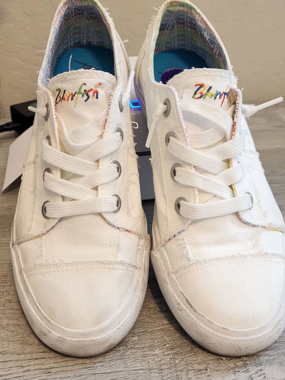 Blowfish Malibu White Canvas Sneakers with Rainbow Stitching